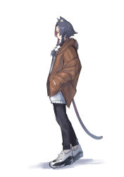Rule 34 | 1girl, animal ear fluff, animal ears, black hair, black pants, braid, brown jacket, cat ears, cat girl, cat tail, closed mouth, commentary request, from side, full body, hands in pockets, highres, jacket, kamatpit, long hair, long sleeves, original, pants, profile, shoes, short hair with long locks, simple background, sneakers, solo, sweater, tail, twin braids, white background, white footwear, white sweater