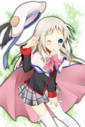 Rule 34 | 1girl, blue eyes, bow, cape, hat, little busters!, long hair, mimoton, noumi kudryavka, one eye closed, pink bow, school uniform, silver hair, solo, thighhighs, wink