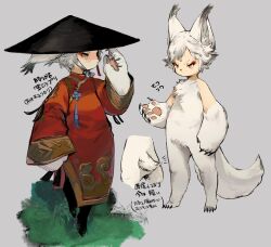 1other animal_ears animal_feet animal_hands black_hat body_fur expressionless final_fantasy final_fantasy_xiv full_body furry grass hat highres lalafell piyomotsu red_robe robe short_hair solo white_fur white_hair white_tail yellow_eyes