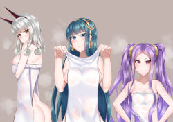 Rule 34 | ass, blue eyes, breasts, carmilla (fate), cleopatra (fate), fate/grand order, fate (series), green hair, highres, horns, long hair, naked towel, pink eyes, purple hair, sideboob, smile, tagme, towel, white hair, wu zetian (fate)