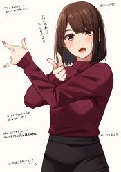 Rule 34 | 1girl, :d, absurdres, arrow (symbol), black pants, bob cut, brown background, brown eyes, brown hair, commentary request, highres, kapatarou, long sleeves, looking at viewer, nail polish, open mouth, original, pants, pink nails, red sweater, short hair, simple background, sleeves past wrists, smile, solo, sweater, thick eyebrows, translation request, tsuki ni kawatte oshioki yo