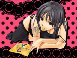 Rule 34 | 1girl, black hair, camisole, candy, food, lying, mouth hold, panties, poaro, solo, strap slip, tattoo, thighhighs, underwear