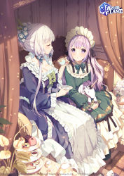 Rule 34 | 2girls, :o, absurdres, ahoge, alternate costume, apron, azur lane, black ribbon, blush, bow, bowtie, breasts, cake, cake slice, cleavage, closed eyes, commentary, copyright name, cup, curtains, hugging doll, dress, dress bow, flower, food, frilled apron, frilled dress, frilled sleeves, frills, green bow, green dress, green neckwear, hair flower, hair ornament, headdress, highres, holding, holding cup, holding plate, holding stuffed toy, illustrious (azur lane), indoors, large breasts, long dress, long hair, long sleeves, looking at another, multiple girls, hugging object, parted bangs, plate, purple eyes, purple hair, ribbon, rosuuri, saucer, sitting, stuffed animal, stuffed toy, stuffed unicorn, tagme, tea, teacup, teapot, tiered tray, unicorn (azur lane), waist apron, white flower, wide sleeves