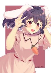 Rule 34 | 1girl, absurdres, animal ears, aoko (myut7287), black hair, blush, carrot necklace, commentary request, cowboy shot, dress, flat chest, floppy ears, frilled sleeves, frills, highres, inaba tewi, jewelry, looking at viewer, medium hair, necklace, open mouth, pink dress, puffy short sleeves, puffy sleeves, rabbit ears, rabbit girl, red background, red eyes, ribbon-trimmed dress, round teeth, short sleeves, smile, solo, teeth, touhou, twitter username, two-tone background, white background