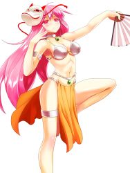 Rule 34 | 1girl, alternate costume, bad id, bad pixiv id, breasts, choker, cleavage, cosplay, dancer, dancer&#039;s costume (dq), dancing, dragon quest, dragon quest iv, female focus, folding fan, fox mask, hand fan, harem outfit, hata no kokoro, highres, jewelry, large breasts, long hair, manya (cosplay), manya (dq4), mask, metal bikini, mono (moiky), mouth mask, navel, pelvic curtain, pendant, pink eyes, pink hair, solo, standing, standing on one leg, touhou, very long hair