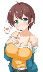 Rule 34 | 1girl, :o, ahoge, aqua eyes, aqua jacket, arm behind back, bare shoulders, blush, breast suppress, breasts, brown hair, camisole, cleavage, collarbone, commentary request, hair between eyes, head tilt, heart, jacket, large breasts, long sleeves, looking at viewer, new game!, off shoulder, open mouth, shinoda hajime, shirt, short hair, simple background, solo, spoken heart, white background, yellow shirt, yori dai