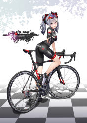 Rule 34 | 10s, 1girl, :d, ass, bicycle, bike jersey, black gloves, blush, breasts, drill hair, eyewear on head, fingerless gloves, gloves, high heels, highres, hitomi kazuya, idolmaster, idolmaster cinderella girls, kanzaki ranko, looking at viewer, medium breasts, open mouth, red eyes, silver hair, smile, solo, sunglasses, twin drills, twintails