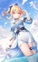 Rule 34 | 1girl, aqua flower, bare shoulders, beach, bird, blonde hair, blouse, blue eyes, blue shirt, blue sky, bow, bracelet, breasts, brooch, cloud, genshin impact, hair bow, high-waist shorts, highres, jean (genshin impact), jean (sea breeze dandelion) (genshin impact), jewelry, large breasts, official alternate costume, partially submerged, rimuu, shirt, shorts, sidelocks, sky, solo, thighlet, wading, water, white shorts