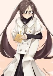 Rule 34 | 1girl, akuta hinako, black-framed eyewear, black dress, blush, book, brown background, brown eyes, brown hair, capelet, closed mouth, coat, commentary request, dress, fate/grand order, fate (series), glasses, hair between eyes, holding, holding book, long hair, long sleeves, looking at viewer, open book, parted bangs, sleeves past wrists, solo, tasora, twintails, twitter username, two-tone background, very long hair, white capelet, white coat