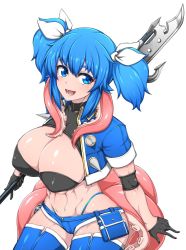 Rule 34 | 1girl, ass, blue eyes, blue hair, blush, bra, breasts, cleavage, coco ankou, gloves, jacket, large breasts, looking at viewer, monster girl, nyame (coco ankou), open mouth, panties, pathfinder, pocket, ribbon, shorts, smile, solo, tentacles, underwear, weapon