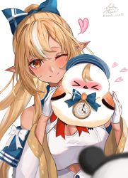 Rule 34 | &gt; &lt;, 1girl, ;), animal, bird, blonde hair, blue bow, blush, bow, breasts, clock, closed mouth, dark-skinned female, dark skin, dress, elf, elfriend (shiranui flare), gloves, hair between eyes, hair bow, heart, highres, holding, holding animal, holding bird, hololive, large breasts, long sleeves, looking at viewer, mochi rice (mochi rice33), multicolored hair, one eye closed, pointy ears, ponytail, red eyes, shiranui flare, shiranui flare (1st costume), signature, simple background, smile, solo, streaked hair, twitter username, virtual youtuber, white background, white dress, white gloves, white hair