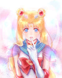 Rule 34 | 1girl, bishoujo senshi sailor moon, blonde hair, blue eyes, blue sailor collar, bow, brooch, choker, crescent, crescent facial mark, crescent moon, doily, double bun, dr.chopper (dalryu00), elbow gloves, facial mark, finger to mouth, gloves, gradient background, hair bun, heart, heart brooch, jewelry, long hair, looking at viewer, moon, parted bangs, red bow, sailor collar, sailor moon, see-through, solo, super sailor moon, tsukino usagi, twintails, white gloves