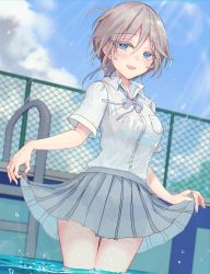 Rule 34 | 1girl, :d, anastasia (idolmaster), blue bow, blue bowtie, blue eyes, blue sky, blush, bow, bowtie, bralines, breast pocket, clothes lift, cloud, day, fence, grey hair, grey skirt, hair between eyes, highres, idolmaster, idolmaster cinderella girls, looking at viewer, open mouth, outdoors, pleated skirt, pocket, pool, pool ladder, rum raisin (chihiromakita19), school uniform, see-through, shirt, short hair, short sleeves, skirt, skirt lift, sky, smile, solo, teeth, upper teeth only, wading, water, water drop, wet, wet clothes, wet shirt, wet skirt, white shirt