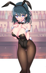 Rule 34 | 1girl, absurdres, animal ears, bar (place), bare shoulders, black bow, black bowtie, blue eyes, blue hair, blush, bow, bowtie, breasts, brown pantyhose, byleth (female) (fire emblem), byleth (fire emblem), cleavage, commentary request, detached collar, fake animal ears, fake tail, fire emblem, fire emblem: three houses, hair between eyes, highres, ichi-jirushi, large breasts, leotard, looking at viewer, low neckline, nintendo, open mouth, pantyhose, playboy bunny, plunging neckline, rabbit ears, rabbit tail, short hair, solo, standing, tail, thigh gap