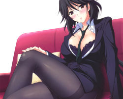 Rule 34 | 10s, 1girl, between breasts, black hair, blush, bra, breasts, brown eyes, cleavage, infinite stratos, large breasts, long hair, looking at viewer, open clothes, orimura chifuyu, pantyhose, parted lips, sitting, solo, underwear