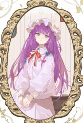 Rule 34 | 1girl, absurdres, closed mouth, crescent, crescent hat ornament, daedalu, dress, hat, hat ornament, highres, long hair, long sleeves, mob cap, patchouli knowledge, puffy long sleeves, puffy sleeves, purple dress, purple eyes, purple hair, purple hat, solo, touhou, upper body