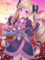 1girl blonde_hair bow drill_hair elise_(fire_emblem) fire_emblem fire_emblem_fates hair_bow highres long_hair looking_at_viewer mikoko1 nintendo open_mouth purple_eyes purple_hair smile solo twin_drills twintails