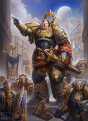Rule 34 | 6+boys, adeptus astartes, architecture, armor, armored boots, artist name, axe, blonde hair, blue eyes, boots, chenart12, closed mouth, dreadnought (warhammer 40k), flag, full armor, full body, full moon, gauntlets, greco-roman architecture, helmet, holding, holding axe, holding sheath, holding shield, holding sword, holding weapon, imperium of man, laurel crown, lips, looking at viewer, male focus, marble (stone), marble sculpture, moon, multiple boys, omega symbol, outdoors, pauldrons, pointing, primarch, red eyes, roboute guilliman, roman numeral, sheath, shield, short hair, shoulder armor, skull ornament, space marine, standing, statue, sword, ultramarines, warhammer 40k, weapon
