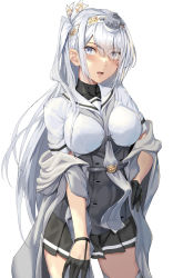 1girl blush fuyutsuki_(kancolle) grey_eyes hair_between_eyes hand_on_own_hip highres kantai_collection kokuzou long_hair one_side_up open_mouth school_uniform serafuku silver_hair simple_background solo white_background