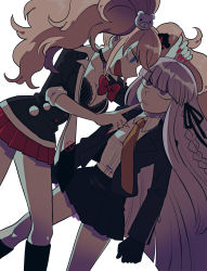 Rule 34 | 2girls, bear hair ornament, big hair, black bra, black choker, black footwear, black jacket, black neckwear, black ribbon, black shirt, black skirt, blonde hair, blue eyes, blunt bangs, boots, bow, bra, braid, breasts, choker, cleavage, clenched teeth, collared shirt, commentary request, danganronpa: trigger happy havoc, danganronpa (series), dutch angle, enoshima junko, fingernails, furukawa (yomawari), gloves, hair ornament, hair ribbon, highres, jacket, kirigiri kyoko, knee boots, long fingernails, long hair, looking at another, medium breasts, miniskirt, multiple girls, nail polish, necktie, open clothes, open jacket, open mouth, pink hair, pleated skirt, profile, red bow, red nails, ribbon, school uniform, shirt, side braid, skirt, sleeves rolled up, smile, teeth, twintails, underwear, very long hair, white neckwear, white shirt