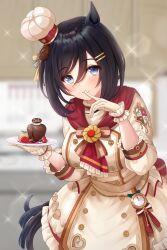 Rule 34 | 1girl, animal ears, apron, black hair, blue eyes, blush, buttons, chef, chef hat, chocolate hair ornament, closed mouth, cowboy shot, double-breasted, dress, eishin flash (collect chocolatier) (umamusume), eishin flash (umamusume), finger to mouth, frilled dress, frills, gloves, hair between eyes, hair ornament, hairclip, hat, highres, holding, holding tray, horse ears, horse girl, horse tail, impossible clothes, impossible dress, index finger raised, kirifrog, kitchen, leaning forward, long sleeves, looking at viewer, medium hair, mini hat, neckerchief, official alternate costume, official alternate hairstyle, red neckerchief, short dress, shushing, sleeves past elbows, smile, solo, swept bangs, tail, tilted headwear, tray, umamusume, valentine, white apron, white dress, white gloves, white hat, wrist cuffs