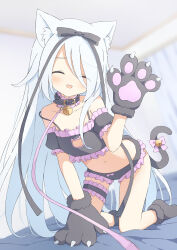 Rule 34 | 1girl, :d, animal ear fluff, animal ears, animal hands, arm support, armpit crease, bare shoulders, bell, black bow, black collar, black panties, black tank top, blurry, blurry background, blush, bow, bow panties, bridal garter, cat cutout, cat ears, cat girl, closed eyes, clothing cutout, collar, collarbone, commission, crop top, detached sleeves, fake tail, frilled bandeau, frilled panties, frills, gloves, hair between eyes, hair bow, hair over one eye, hand up, highres, indoors, kneeling, leash, long hair, looking at viewer, navel, neck bell, neck garter, on bed, open mouth, original, panties, paw gloves, paw shoes, raised eyebrows, short sleeves, sidelocks, skeb commission, smile, solo, stomach, tail, tank top, tyakomes, underwear, variant set, viewer holding leash, white hair
