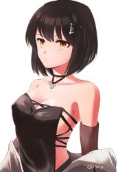 Rule 34 | 1girl, bare shoulders, black dress, black hair, breasts, cleavage, closed mouth, coat, collarbone, commentary request, cres (harvestella), dress, hair ornament, hairclip, harvestella, highres, lab coat, large breasts, looking at viewer, off shoulder, orange eyes, short hair, sideboob, simple background, solo, strapless, strapless dress, there2, twitter username, white background, white coat