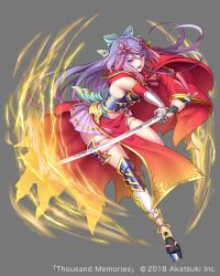 Rule 34 | 1girl, absurdres, armor, blue bow, bow, breasts, cape, copyright name, fighting stance, footwear request, full body, greaves, grey background, hair bow, hair ornament, highres, holding, holding sword, holding weapon, katana, long hair, looking at viewer, medium breasts, navel, official art, purple eyes, purple hair, red cape, skirt, slashing, solo, standing, standing on one leg, sword, takamiya ren, tassel, thigh strap, thighhighs, thousand memories, very long hair, weapon, white skirt, white thighhighs