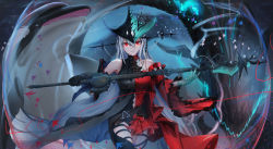 Rule 34 | 1girl, absurdres, arknights, asymmetrical gloves, bare shoulders, black dress, black gloves, blue gloves, breasts, clothing cutout, cowboy shot, dress, fenglai thewind, gloves, hair between eyes, hat, highres, holding, holding sword, holding weapon, long hair, looking at viewer, medium breasts, mismatched gloves, multicolored clothes, multicolored dress, navel, navel cutout, official alternate costume, red dress, red eyes, silver hair, skadi (arknights), skadi the corrupting heart (arknights), solo, standing, sword, very long hair, weapon