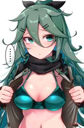 Rule 34 | ..., 1girl, absurdres, aqua bra, artist name, baileys (tranquillity650), black ribbon, black scarf, bra, breasts, brown coat, closed mouth, coat, green eyes, green hair, hair between eyes, hair ribbon, highres, kantai collection, long hair, long sleeves, medium breasts, navel, open clothes, open coat, ponytail, ribbon, scarf, signature, simple background, solo, spoken ellipsis, twitter username, underwear, upper body, white background, yamakaze (kancolle)