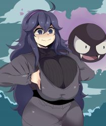 Rule 34 | 1girl, @ @, ahoge, blush, breasts, breasts squeezed together, creatures (company), curvy, cuteakita, game freak, gastly, gen 1 pokemon, hairband, hex maniac (pokemon), highres, huge breasts, long hair, nintendo, npc trainer, pokemon, pokemon (creature), pokemon xy, purple eyes, purple hair, tears, thick thighs, thighs, turtleneck, very long hair, wide hips