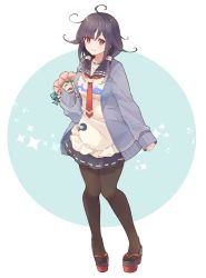 Rule 34 | 1girl, ahoge, black pantyhose, black sailor collar, black skirt, blue cardigan, blush, cardigan, closed mouth, full body, hair flaps, kantai collection, long hair, long sleeves, low twintails, neckerchief, pantyhose, pleated skirt, purple hair, red eyes, red neckerchief, sailor collar, school uniform, serafuku, shakemi (sake mgmgmg), skirt, smile, solo, standing, taigei (kancolle), twintails
