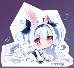 Rule 34 | 1girl, all fours, animal ears, azur lane, blue leotard, blue ribbon, blush, chibi, crossed bangs, fake animal ears, fake tail, hair ribbon, laffey (azur lane), laffey ii (azur lane), laffey ii (sleepy on a busy day) (azur lane), leotard, long hair, long sleeves, looking at viewer, official alternate costume, pantyhose, playboy bunny, purple background, rabbit ears, rabbit tail, red eyes, ribbon, signature, simple background, solo, tail, takemi mochi, white hair, white pantyhose, white sleeves