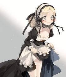 Rule 34 | 1girl, apron, black bow, black dress, blonde hair, bow, clothes lift, commentary request, cowboy shot, dress, dress lift, embarrassed, garter straps, grey background, hair bow, juliet sleeves, korean commentary, long sleeves, looking at viewer, maid, maid apron, maid headdress, original, parted lips, puffy sleeves, seucapeu, solo, sweatdrop, thighhighs, waist apron, white apron, white thighhighs