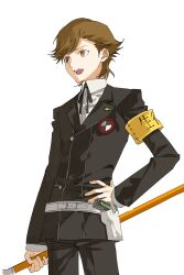 Rule 34 | 1boy, absurdres, aged up, amada ken, armband, belt, black jacket, black pants, black ribbon, brown eyes, brown hair, collared shirt, cowboy shot, evoker, gekkoukan high school uniform, hand on own hip, highres, holding, holding weapon, jacket, long sleeves, male focus, neck ribbon, open mouth, pants, persona, persona 3, persona 4: the ultimate in mayonaka arena, persona 4: the ultimax ultra suplex hold, ribbon, school uniform, shirt, short hair, sisisi0624, solo, weapon, white background, white shirt, yellow armband
