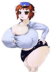 Rule 34 | ass, blush, breasts, brown eyes, brown hair, bursting breasts, cleavage, curvy, fang, gigantic breasts, hand on own hip, hat, hip focus, huge ass, impossible clothes, impossible shirt, kleinz, plump, pointy ears, shirt, short hair, straining buttons, tagme, thick thighs, thighs, wide hips