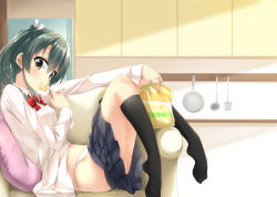Rule 34 | 10s, 1girl, alternate costume, ass, blouse, chips (food), clothes pull, contemporary, couch, eating, food, from side, green eyes, green hair, hair between eyes, hino (2nd life), indoors, kantai collection, kitchen, looking at viewer, matching hair/eyes, miniskirt, neck ribbon, panties, pleated skirt, ribbon, school uniform, shirt, side-tie panties, skirt, skirt pull, unworn skirt, solo, thighs, underwear, white panties, white shirt, zuikaku (kancolle)