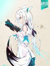 Rule 34 | 1girl, absurdres, ahoge, animal ears, apex legends, aqua eyes, black shorts, braid, breasts, commentary, copyright name, cowboy shot, crossover, detached sleeves, earrings, fox ears, fox tail, from side, grey background, gun, hair ribbon, highres, holding, holding gun, holding weapon, hololive, hood, hoodie, jewelry, joker oowo, light rays, long hair, medium breasts, open mouth, pentagram, ponytail, profile, ribbon, shirakami fubuki, shirakami fubuki (1st costume), short shorts, shorts, shotgun, side braid, simple background, smile, solo, tail, virtual youtuber, weapon, white hair, white hoodie