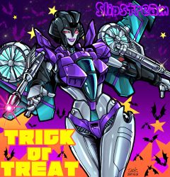 Rule 34 | 1girl, bat (animal), bat wings, breasts, cannon, character name, cleavage, decepticon, gradient background, halloween, happy halloween, lips, looking at viewer, machinery, medium breasts, night, purple background, red eyes, slipstream (transformers), smile, solo, tack (dnet), transformers, trick or treat, weapon, wings