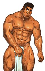 Rule 34 | 1boy, abs, arm hair, bara, character request, covering privates, covering crotch, dark-skinned male, dark skin, feet out of frame, hairy, holding, holding towel, large pectorals, leg hair, long sideburns, looking at viewer, male focus, mature male, muscular, muscular male, navel, navel hair, nipples, nude cover, pectorals, pubic hair, pubic hair peek, short hair, sideburns, slam dunk (series), solo, stomach, strongman waist, thick eyebrows, thick lips, thick thighs, thighs, towel, undercut, unspoken (firebreath110)