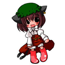 Rule 34 | 1girl, animal ears, boots, brown hair, cat ears, cat girl, cat tail, chen, chibi, earrings, female focus, full body, futami yayoi, hat, jewelry, lowres, multiple tails, rubber boots, short hair, simple background, solo, tail, touhou