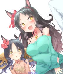 Rule 34 | + +, 2girls, alternate costume, alternate hairstyle, black hair, blush, breasts, casual, collarbone, hair ornament, hekahire isurus, highres, horse girl, jewelry, large breasts, long hair, marvelous sunday (umamusume), mother and daughter, multiple girls, necklace, open mouth, umamusume, white background
