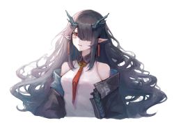 Rule 34 | 1girl, arknights, black collar, black jacket, breasts, charcy-tea, china dress, chinese clothes, cleavage cutout, clothing cutout, collar, commentary request, dragon horns, dress, dusk (arknights), ear piercing, highres, horns, jacket, long hair, looking at viewer, medium breasts, necktie, off shoulder, open clothes, open jacket, piercing, pointy ears, red eyes, simple background, sleeveless, sleeveless dress, solo, upper body, very long hair, white background, white dress