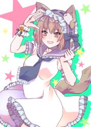 Rule 34 | 1girl, :d, animal ear fluff, animal ears, arm up, black neckwear, breasts, brown eyes, brown hair, dress, fang, frilled dress, frilled neckwear, frilled sailor collar, frills, hair between eyes, hairband, hand up, highres, medium breasts, omase (mnnk umai), open mouth, original, puffy short sleeves, puffy sleeves, purple hairband, purple sailor collar, ribbon-trimmed hairband, sailor collar, short sleeves, single wrist cuff, smile, solo, star (symbol), starry background, tail, white background, white dress, wrist cuffs