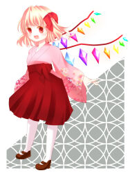 Rule 34 | 1girl, alternate costume, blonde hair, bow, brown footwear, flandre scarlet, floral print, floral print kimono, full body, grey background, hair bow, happy, highres, japanese clothes, kimono, long sleeves, looking at viewer, mary janes, multicolored wings, no headwear, one side up, open mouth, pantyhose, pink kimono, red bow, red eyes, shimada (simasimasaba), shoes, solo, standing, touhou, white background, white pantyhose, wide sleeves, wings