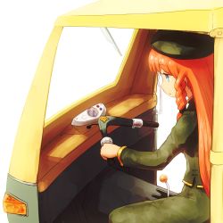 Rule 34 | 1girl, adapted costume, beret, blue eyes, braid, commentary request, feet out of frame, green hat, green jacket, green pants, hat, hong meiling, jacket, long hair, long sleeves, orange hair, pants, profile, shirosato, simple background, sitting, smile, solo, star (symbol), touhou, translation request, vehicle, vehicle interior, very long hair, white background