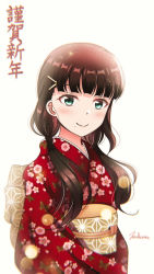 Rule 34 | 1girl, aqua eyes, artist name, artist request, black hair, blush, commentary request, female focus, floral print, flower print, green eyes, hair ornament, hair over shoulder, hairclip, highres, japanese clothes, kimono, kurosawa dia, long hair, looking at viewer, love live!, love live! sunshine!!, mochi22mo, mochi (mochi22mo), mole, mole under mouth, parted lips, red kimono, smile, solo, translation request, twintails, white background