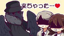 Rule 34 | 1boy, 2boys, anger vein, black coat, black headwear, black mask, black necktie, black wings, brown hair, clenched teeth, closed mouth, coat, collared shirt, commentary request, e.g.o (project moon), employee (project moon), feathered wings, fur-trimmed coat, fur jacket, fur trim, hat, hatake shimeji, heart, jacket, light brown hair, lobotomy corporation, medium hair, multiple boys, necktie, outline, plague doctor, plague doctor (project moon), plague doctor mask, project moon, shaded face, shirt, short hair, simple background, teeth, translation request, white outline, white shirt, wings, yellow background, yellow jacket