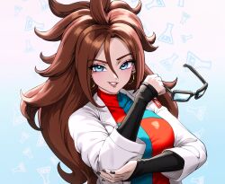 Rule 34 | 1girl, android 21, blue eyes, breasts, brown hair, checkered clothes, dragon ball, dragon ball fighterz, earrings, female focus, fingernails, highres, holding glasses, hoop earrings, humanization, humanoid robot, jewelry, lab coat, large breasts, lipstick, long hair, looking at viewer, makeup, nail polish, pea-bean, robot, smile, smirk, solo, tagme, upper body