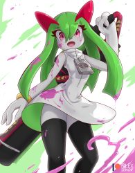 Rule 34 | black thighhighs, bracelet, clothed pokemon, colored skin, commentary, commission, cosplay, creatures (company), dress, english commentary, eyelashes, facepaint, feet out of frame, game freak, gen 3 pokemon, holding, jewelry, kirlia, looking at viewer, nintendo, open mouth, patreon logo, patreon username, pearl (splatoon), pearl (splatoon) (cosplay), pink eyes, pokemon, rilex lenov, sleeveless, sleeveless dress, solo, splatoon (series), splatoon 2, thighhighs, tongue, watermark, white dress, white skin